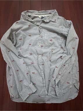 Old Navy Blue and White Striped Button-Down with Red Fox Motif